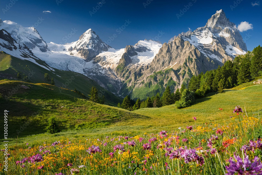 Fototapeta premium Vibrant Meadow with Wildflowers and Snow-Capped Mountains