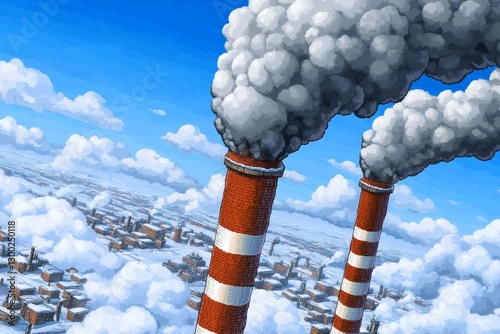 A pixel art animation of smokestacks gradually covering a city in thick black smog
