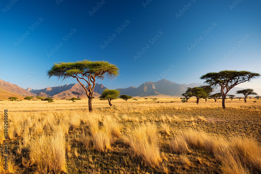 Obraz premium Vast Savanna Landscape with Acacia Trees and Mountain Background