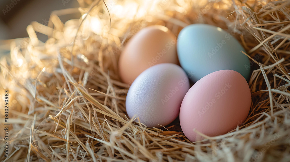 Pastel colored eggs nestled in hay soft light springtime photography farm food life hens rural image Pastel colored eggs nestled in hay soft light springtime photography farm food life hens rural image
