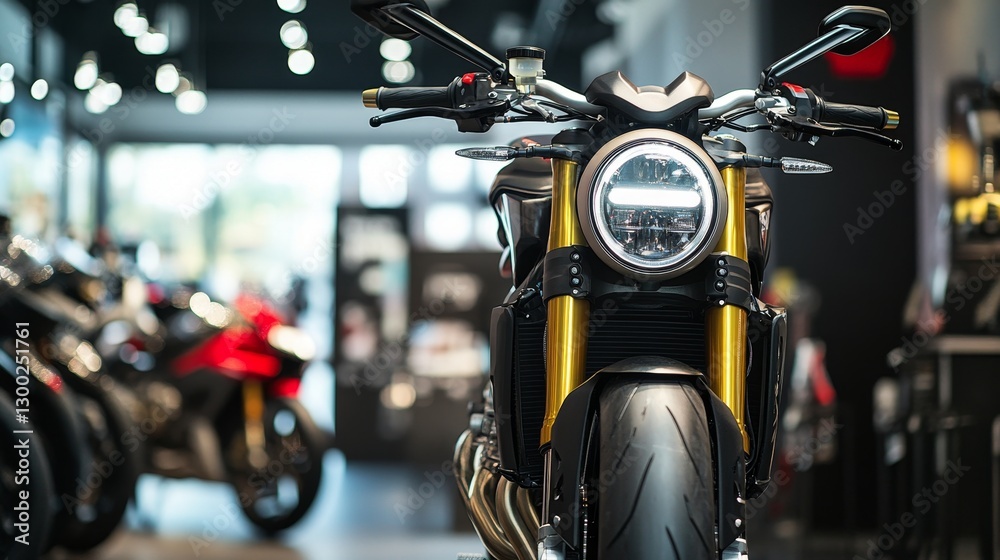 Fototapeta premium Close-up view of a modern motorcycle with a bright headlight.