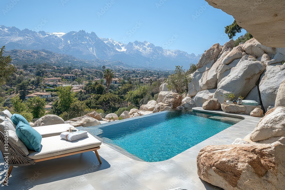 Obraz premium Luxurious poolside retreat with stunning mountain views and serene landscape in the background