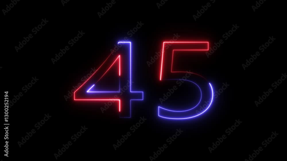 Neon 45 number text icon mathematics animation on black background. Glowing neon 45 motion graphics animation. Neon 45 number text icon mathematics animation on black background. Glowing neon 45 motion graphics animation.