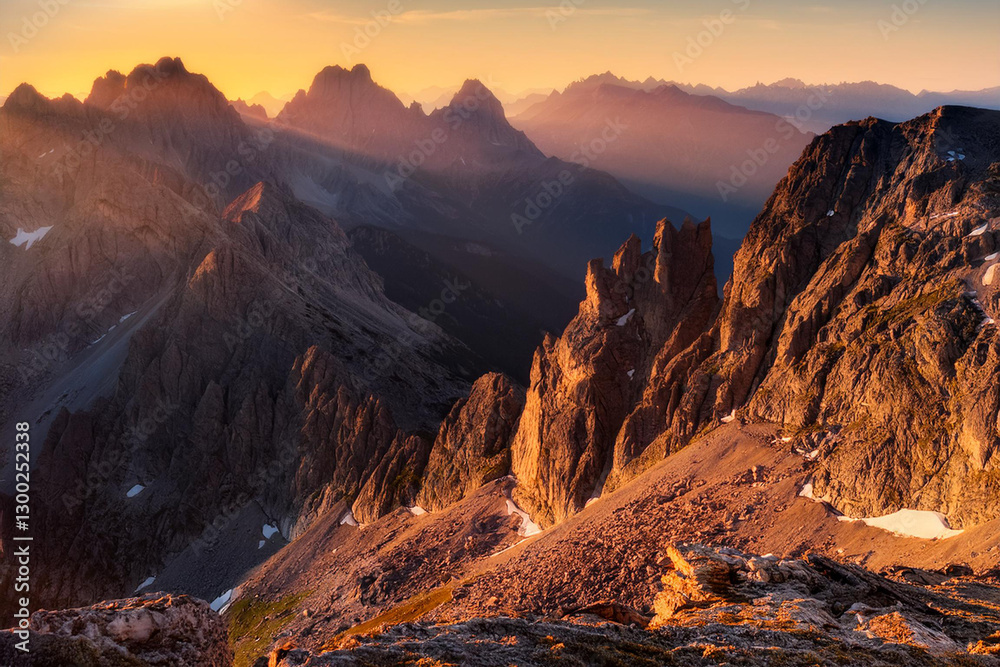 Obraz premium Sunset Over Majestic Mountain Landscape with Warm Golden Light