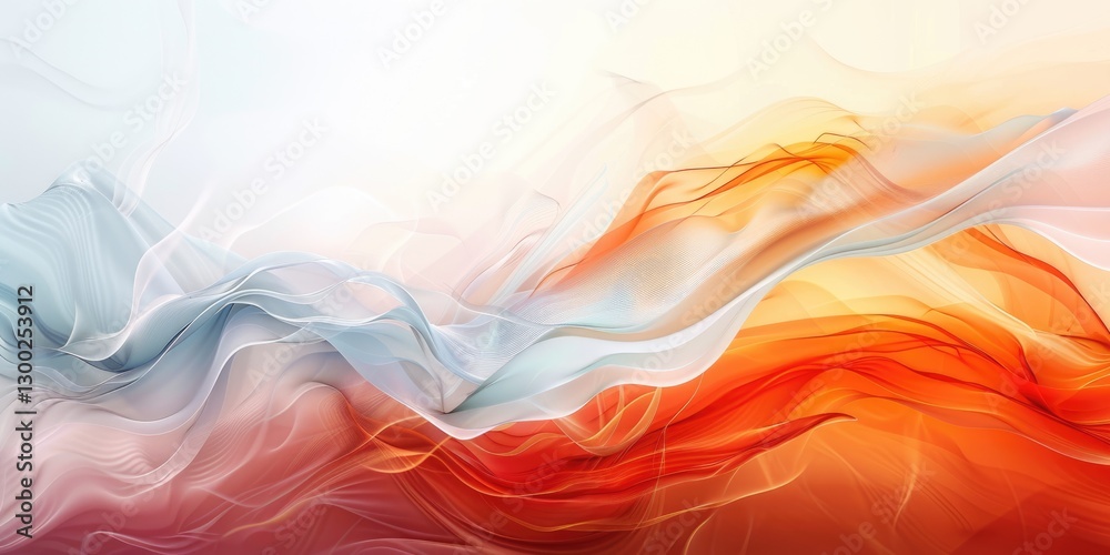 Flowing transparent fabric in blue, white, and orange hues. Digital image with fluid motion. Design for wallpaper, poster, and banner. Watercolor wave texture. Abstract decoration concept. AIG51. Flowing transparent fabric in blue, white, and orange hues. Digital image with fluid motion. Design for wallpaper, poster, and banner. Watercolor wave texture. Abstract decoration concept. AIG51.