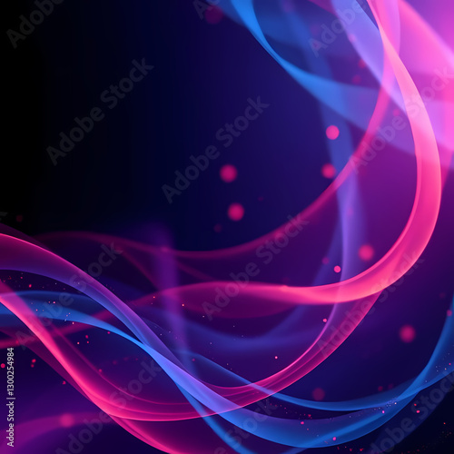 Ribbon-like streams of magenta and blue light intertwine over a pitch-black background with scattered glowing particles — Corrientes de luz en magenta y azul se entrelazan sobre un fondo negro