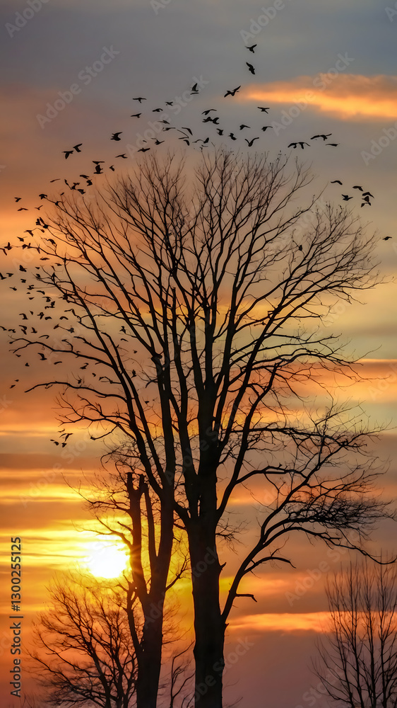 Golden Sunset with Birds in Flight and Tree Silhouette Against an Orange Sky - Nature Landscape Golden Sunset with Birds in Flight and Tree Silhouette Against an Orange Sky - Nature Landscape