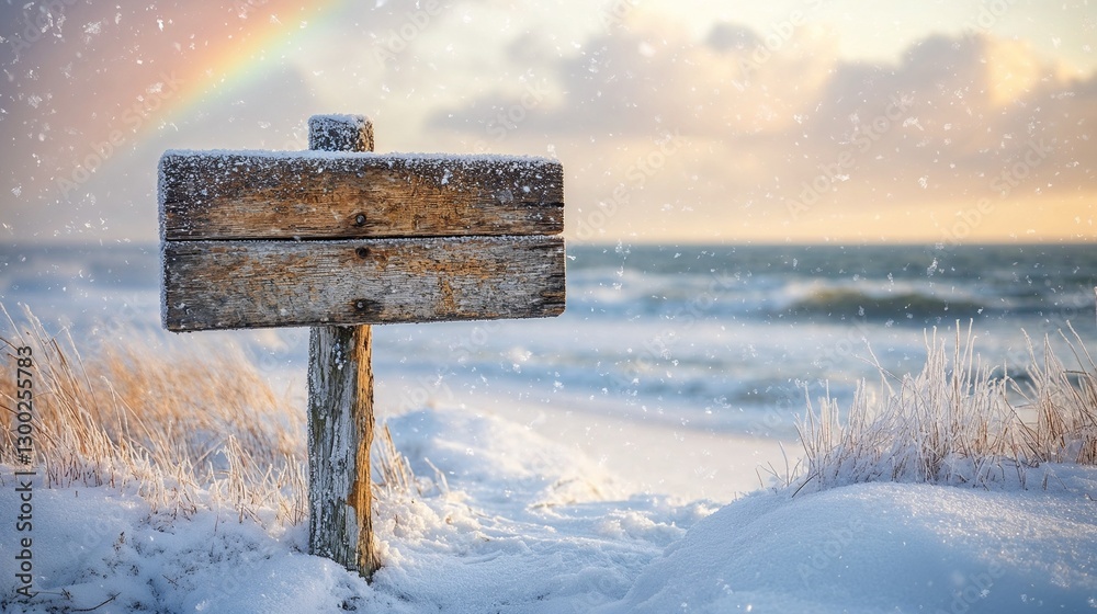 Fototapeta premium Wooden sign on snowy beach in winter landscape