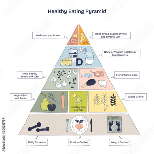 Healthy eating pyramid shows food hierarchy, fruits, vegetables, and grains are key. Doodle style diagram.