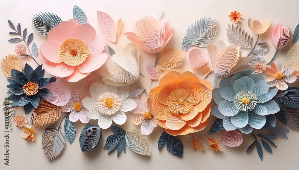 Obraz premium Hand-cut paper flowers: Intricate hand-cut paper flowers in pastel tones, delicately arranged on a textured cream paper backdrop