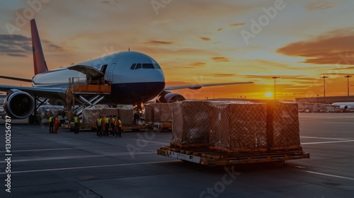 Freight Transportation in the Logistics Industry: Air Cargo Operations at Sunset Featuring Unloading of Cargo from Airplane photo