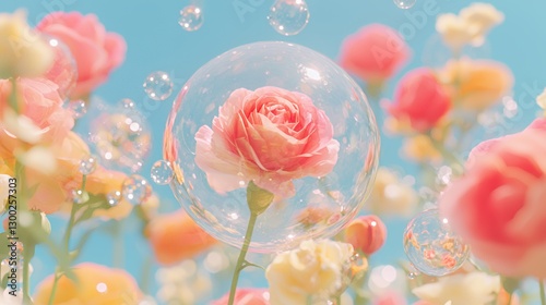Pink Rose Encased in a Bubble Amidst a Field of Pastel Flowers