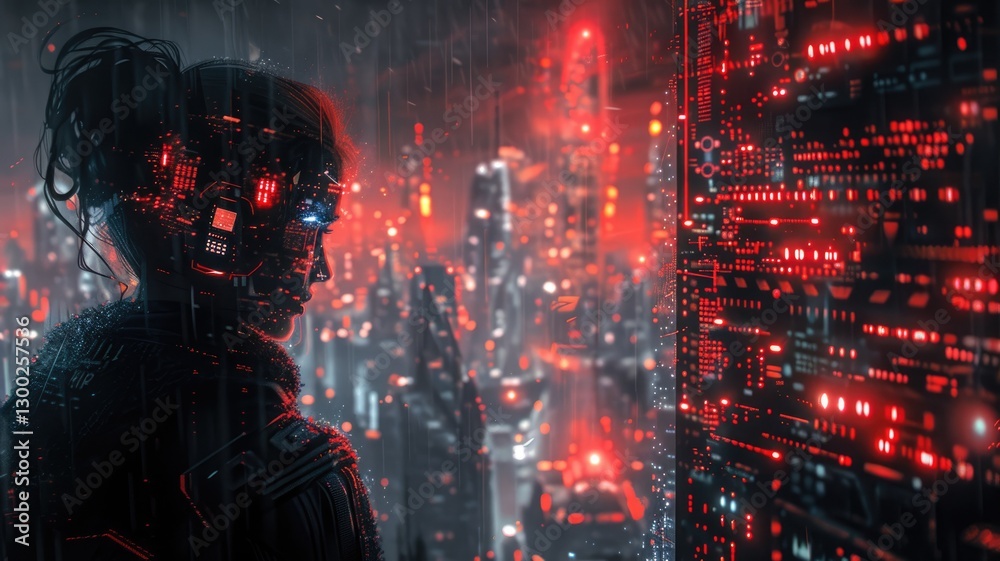 Obraz premium Picture of human commit crime in digital system to destroy and hack computer protection user in colorful light of cyberspace style theme. Coding for dangerous hacking technology from criminal. AIG53.