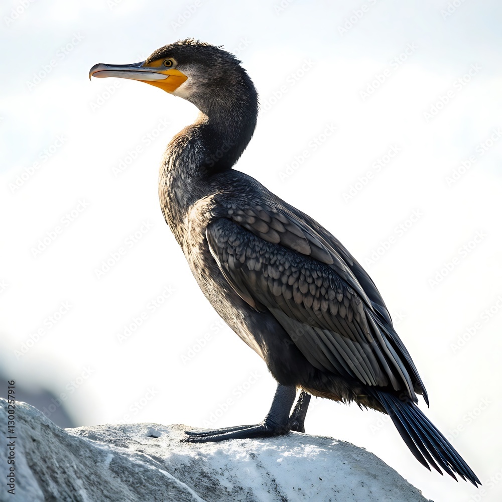 A graceful cormorant bird standing on a rock with its wings extended, displaying unique wing patterns and yellow facial markings on a white backdrop A graceful cormorant bird standing on a rock with its wings extended, displaying unique wing patterns and yellow facial markings on a white backdrop