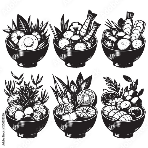 poke bowl collection. Salmon, cucumber, tomato, egg, shrimp, and other vector 