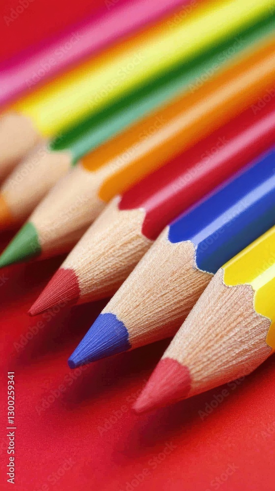 Colorful pencils close-up, red background, art supplies, education Colorful pencils close-up, red background, art supplies, education