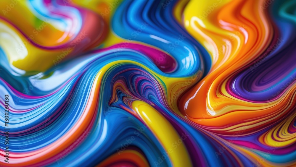 Obraz premium Abstract flowing texture with blue yellow orange pink colors, smooth colorful background, glossy pattern