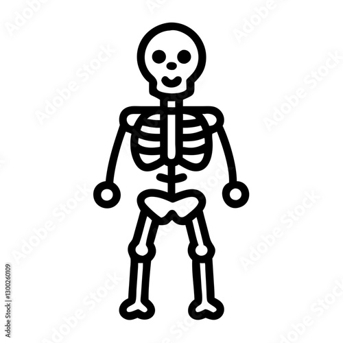 Cartoon skeleton standing cheerfully against a white background, Halloween fun