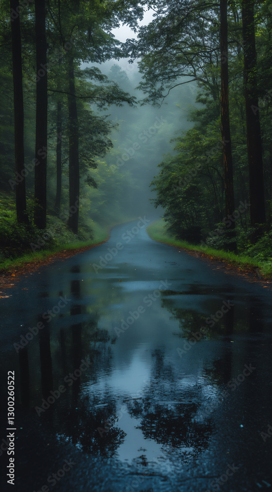 Fototapeta premium a photo of an empty road in the forest, with trees on both sides.
