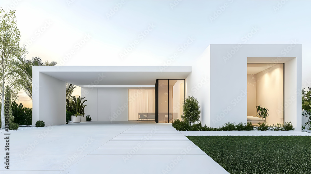 Fototapeta premium Modern Minimalist White House Exterior with Clean Lines and Green Landscape Under Clear Sky
