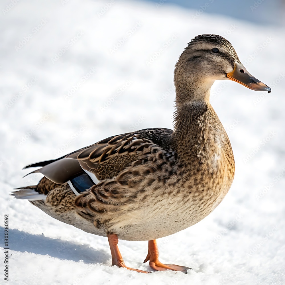 A mallard duck standing on the snow covered ground, surrounded by a serene winter landscape, showcasing the birds natural beauty
