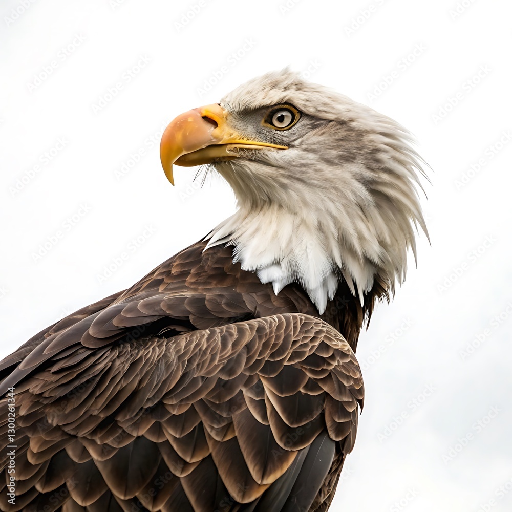 Obraz premium Profile view of a bald eagle perched proudly, highlighting its distinctive white head, powerful beak, and strong feathers