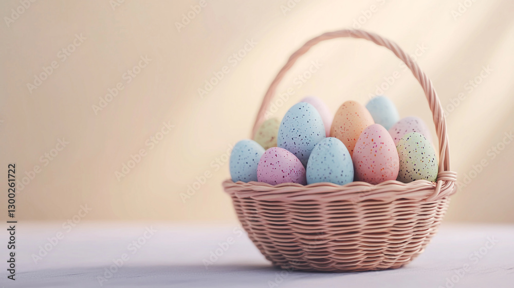 Fototapeta premium Pastel easter eggs in a woven basket spring holiday decor joy cute gift happy bunny chick image