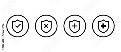 Safe, unsafe, and health badge icon on circle line. Shield with check mark, x cross and plus sign symbol
