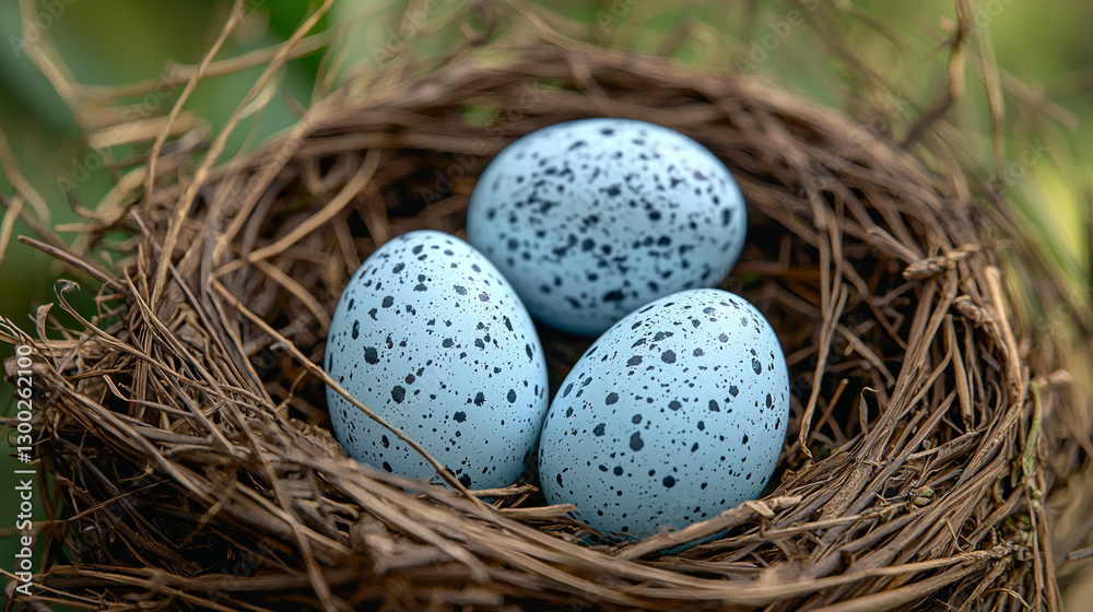 Three speckled light blue bird eggs in a rustic brown nest outdoors life home cute macro image photo Three speckled light blue bird eggs in a rustic brown nest outdoors life home cute macro image photo
