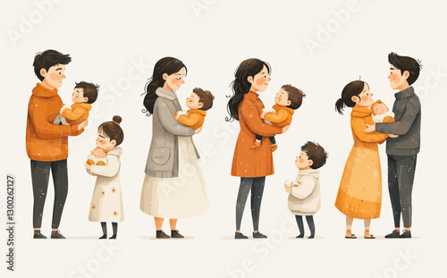 Parenthood and Adoption Concept: Flat Style Vector Cartoon Illustration of Diverse Straight and Gay Couples Holding Babies