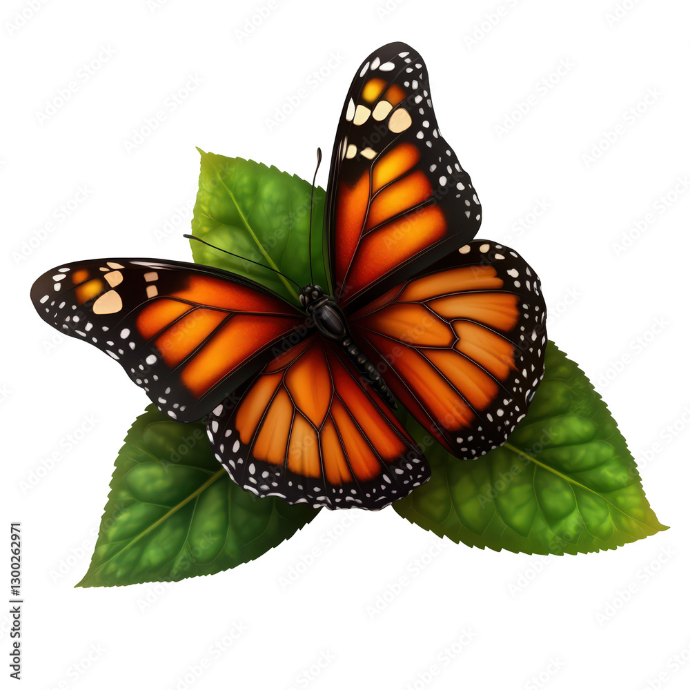 Fototapeta premium Monarch Butterfly Resting On Green Leaves Transparent Nature Illustration