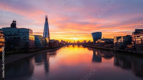 Dramatic Sunset Over Cityscape Reflecting In Calm River Water With Silhouetted Buildings