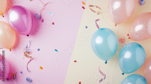 Festive party background with colorful balloons, ribbons, and confetti