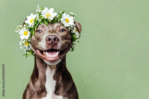 Cute adult dog samoyed wearing untamed flower crown on its head - symbol of sunny vacation time. Isolated blue background, copy space, ad campaign concept art concept art. Professional studio pict.