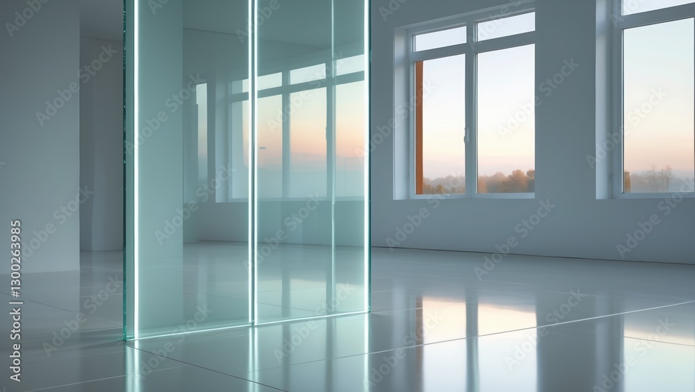 Fototapeta premium Empty white room with windows. Light reflects on the floor near glass partitions. Room has minimalist design with bright light at sunset.