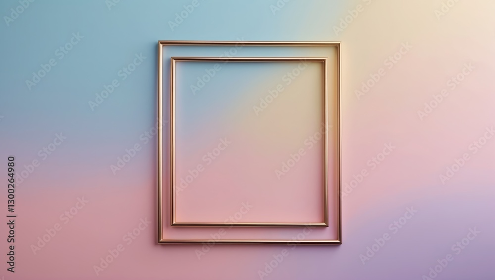 Two Gold Frames on Pastel Background. Square shapes with gradients of blue pink and yellow, modern geometric design. Two Gold Frames on Pastel Background. Square shapes with gradients of blue pink and yellow, modern geometric design.