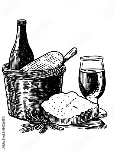 Engraved illustration of rustic kitchen items with wine, bread, and rolling pin