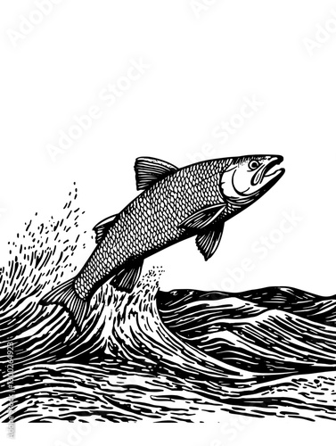 Vector engraved illustration of a leaping fish above ocean waves in dynamic motion