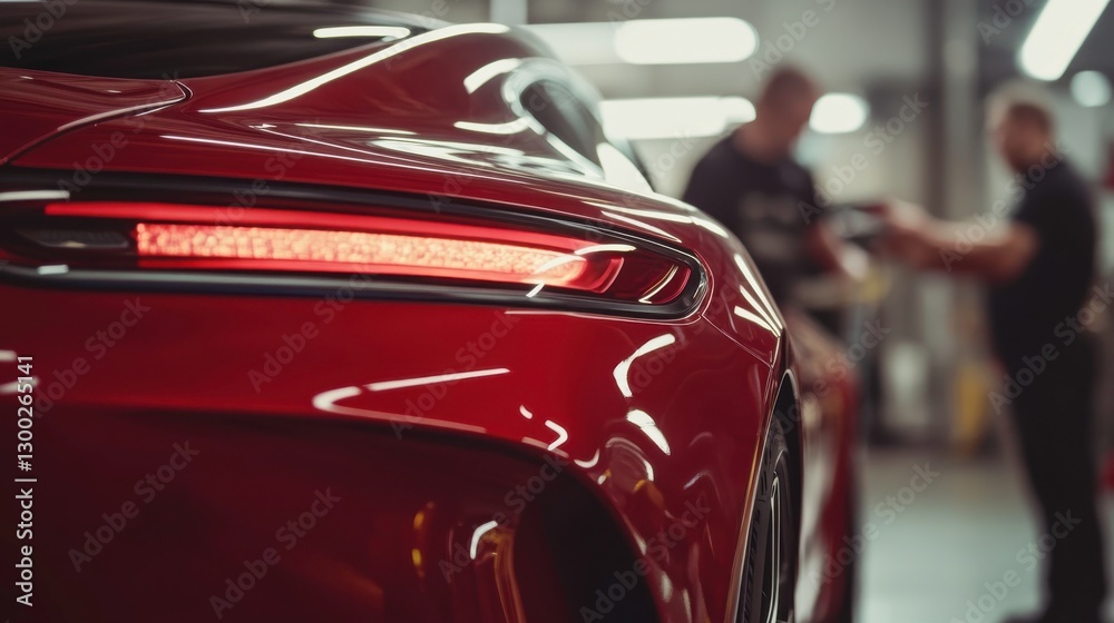 Fototapeta premium Inspecting Sports Car Rear Spoiler in Workshop