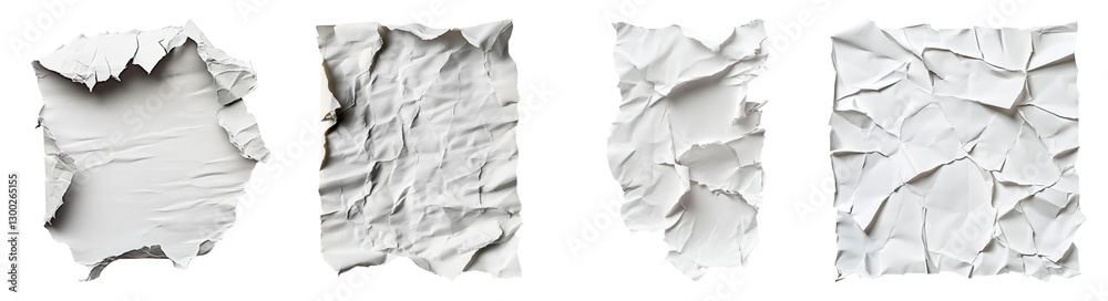 Obraz premium Various Textured Sheets of Crumpled White Paper for Background Use, PNG bundle collection, Isolated on Transparent Background