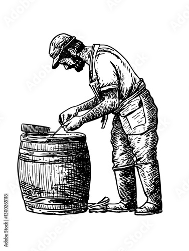 Craftsman engaged in traditional woodworking techniques using a barrel and tools to create handcrafted items