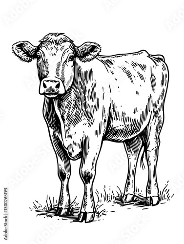 Detailed vector engraved illustration of a standing cow in a grassy field