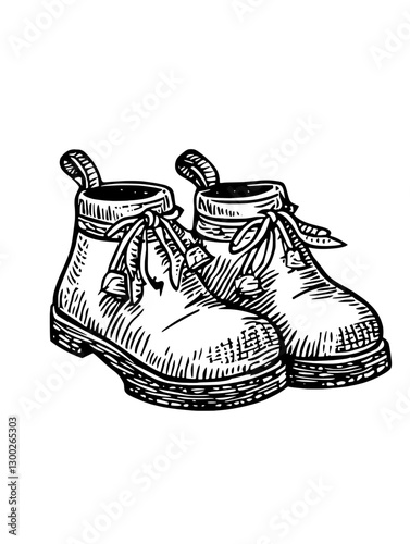 Classic vector engraved illustration of vintage lace-up boots with intricate detailing on the surface and soles