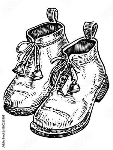 Vintage vector engraved illustration of classic child shoes with bells and detailed laces