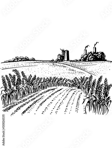 Vector engraved illustration of a rural landscape with barns and fields at dawn