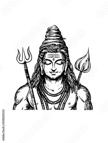 Vector engraved illustration of a serene figure holding a trident and a spear with long hair, showcasing a symbolic representation of divinity