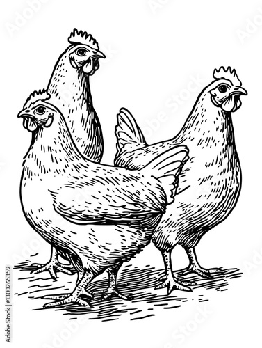 Vector engraved illustration featuring three detailed chickens in a natural setting