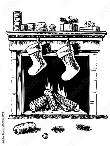 Cozy fireplace adorned with stockings and Christmas gifts creating a festive atmosphere during winter celebrations