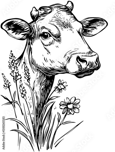 Cow head illustration surrounded by wildflowers in a rustic countryside setting, showcasing nature's beauty and farm life