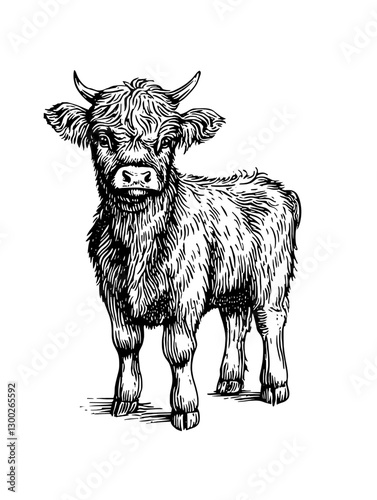 Vector engraved illustration of a young Highland cow, showcasing its unique fur texture and sturdy build in a rustic setting